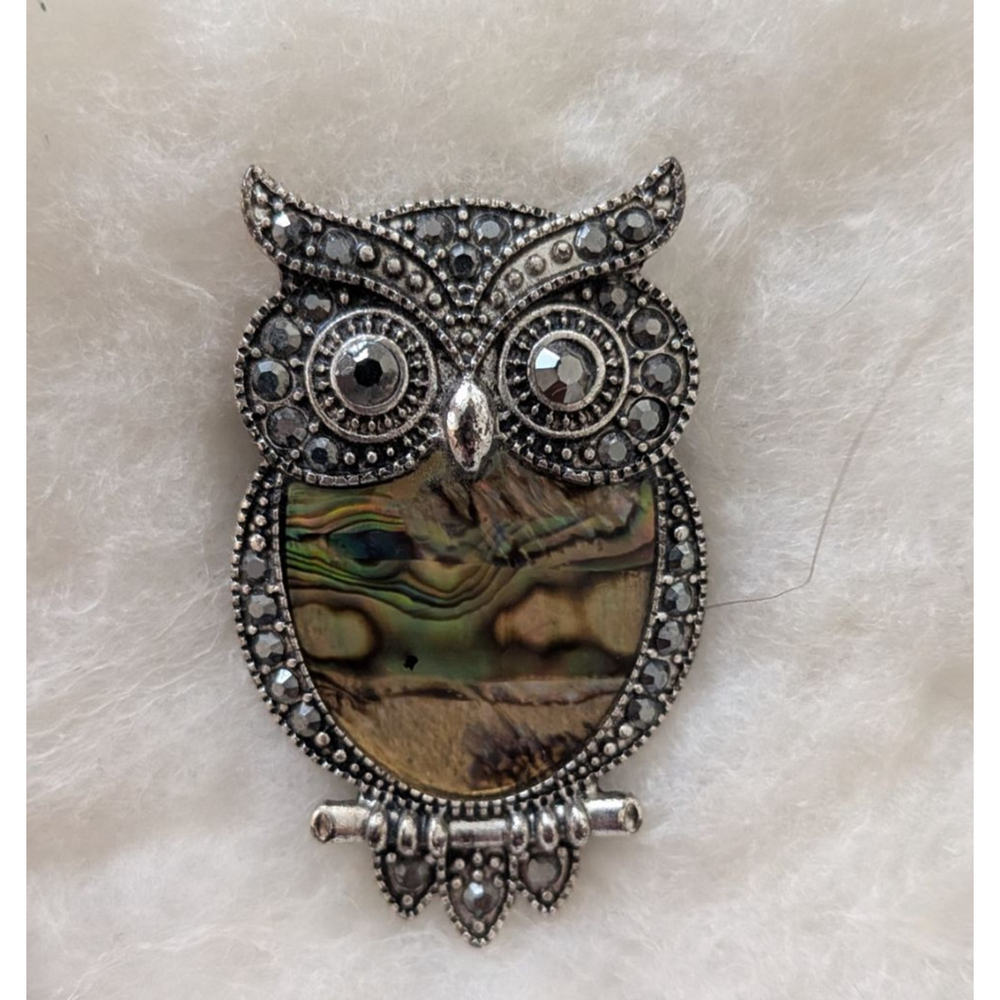 Owl Brooch Pin Silver Tone Black Rhinestone Accent
